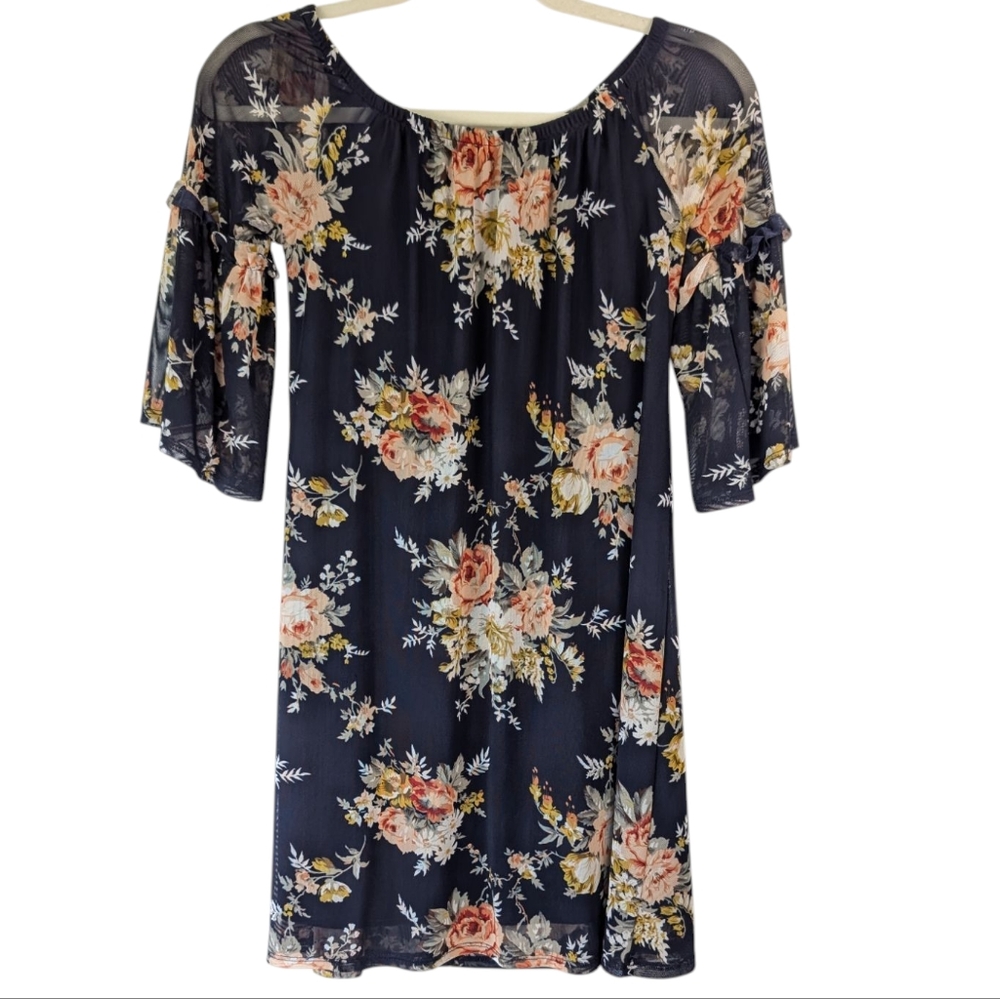 Potter's Pot Navy Floral Mesh Sleeve Ruffle Dress – Women's Size S
